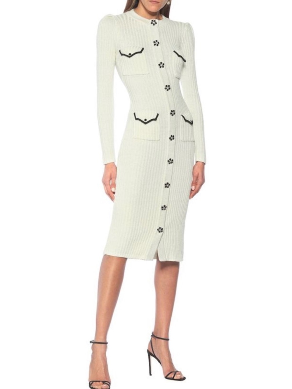Self-Portrait Cream Ribbed Button-Down Midi Dress